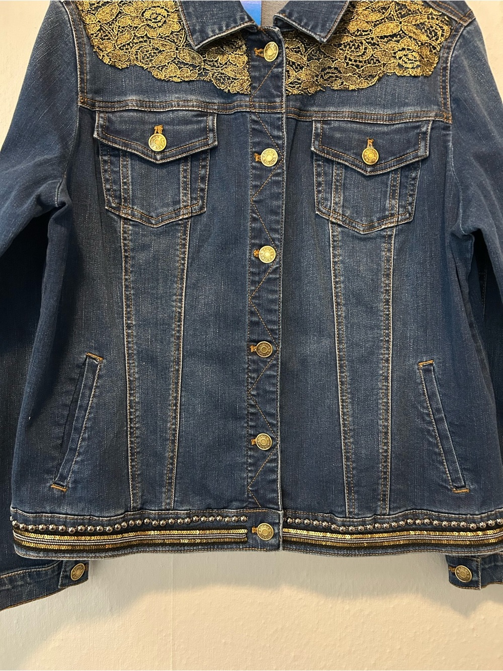 Chico's Dark Blue Denim Jacket with Gold Lace and Trim - Picture 5 of 7